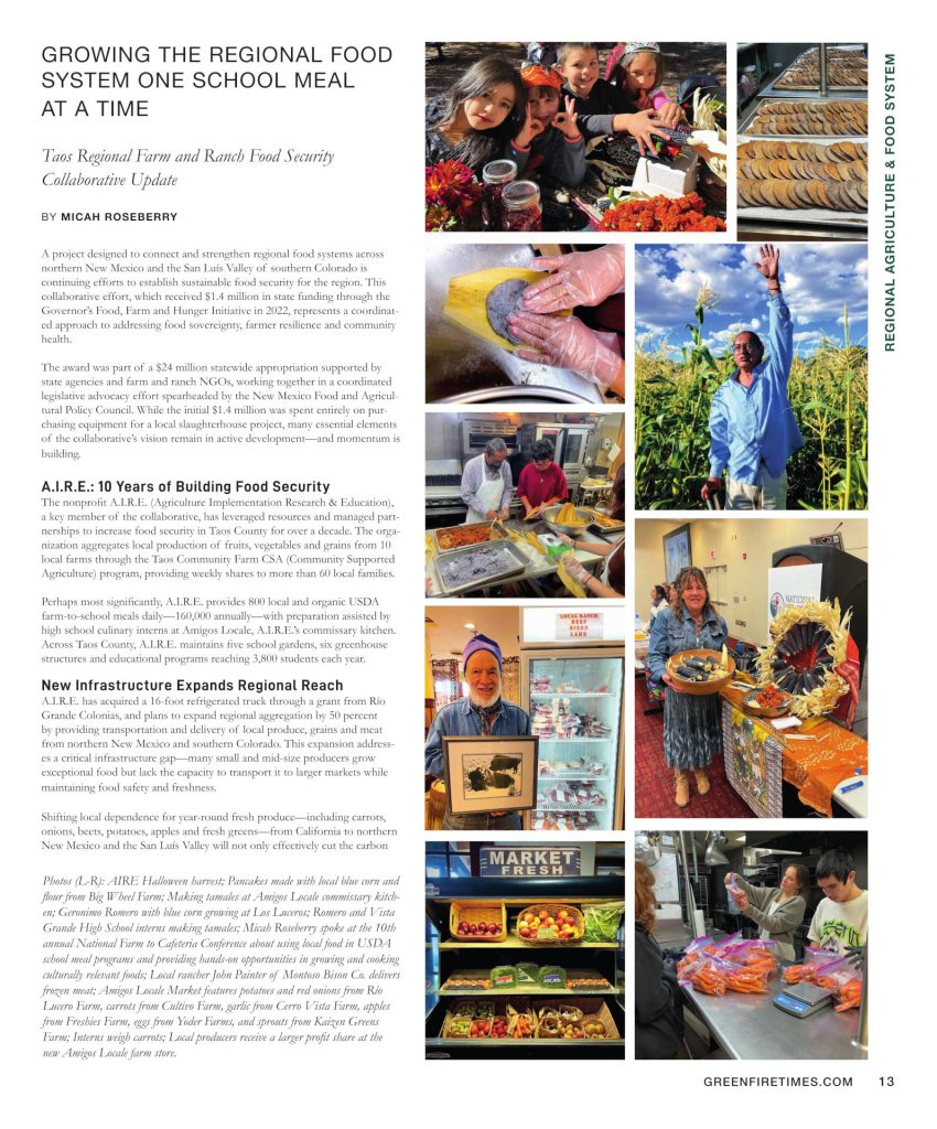 Page one of an article in Green Fire Times about A.I.R.E. Taos